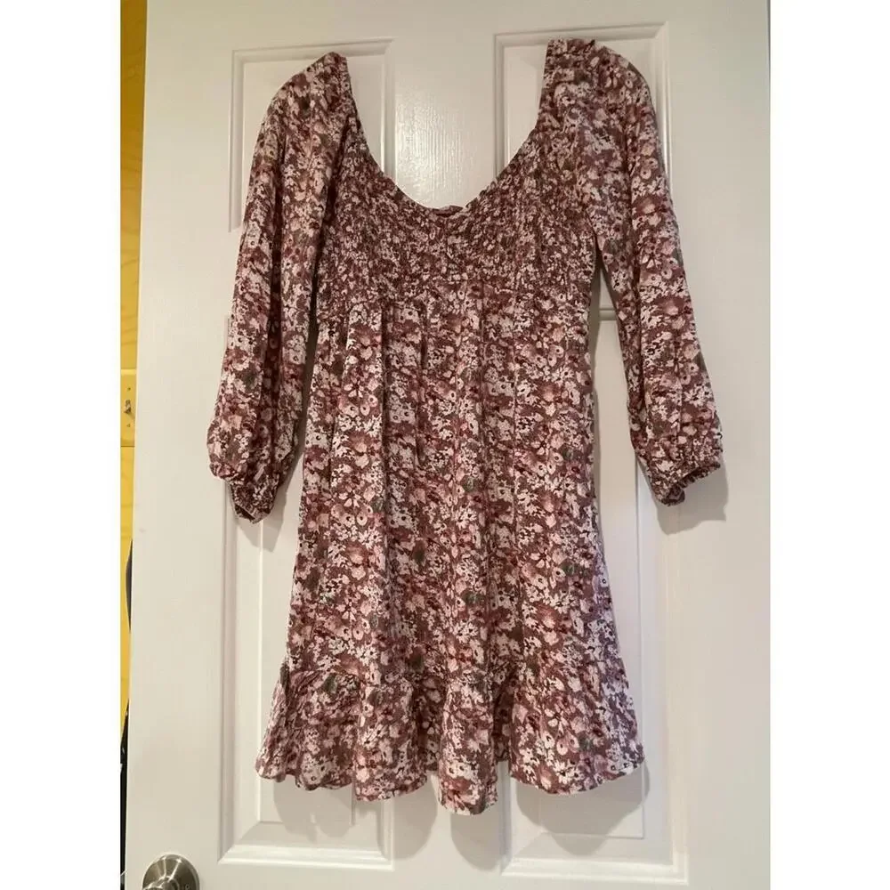 Hollister XS‎ Brown Floral Long Sleeve Dress Boho Peasant Prairie